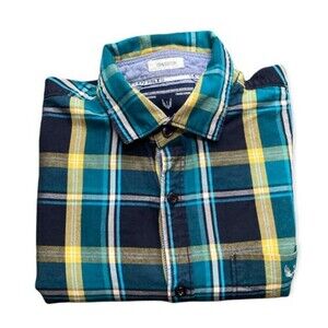 SEVEN MILES Shirt Size XL Blue Plaid 100% Cotton Rolled Tab Sleeve Green White